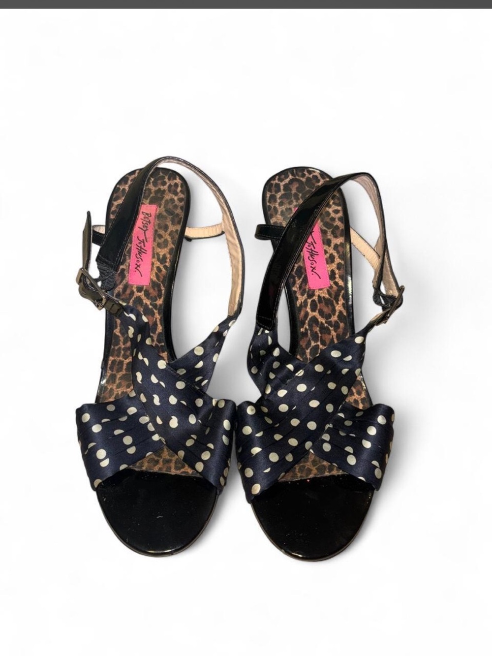 Betsey Johnson Navy Polka Dot Slingback Heels with Leopard Insole